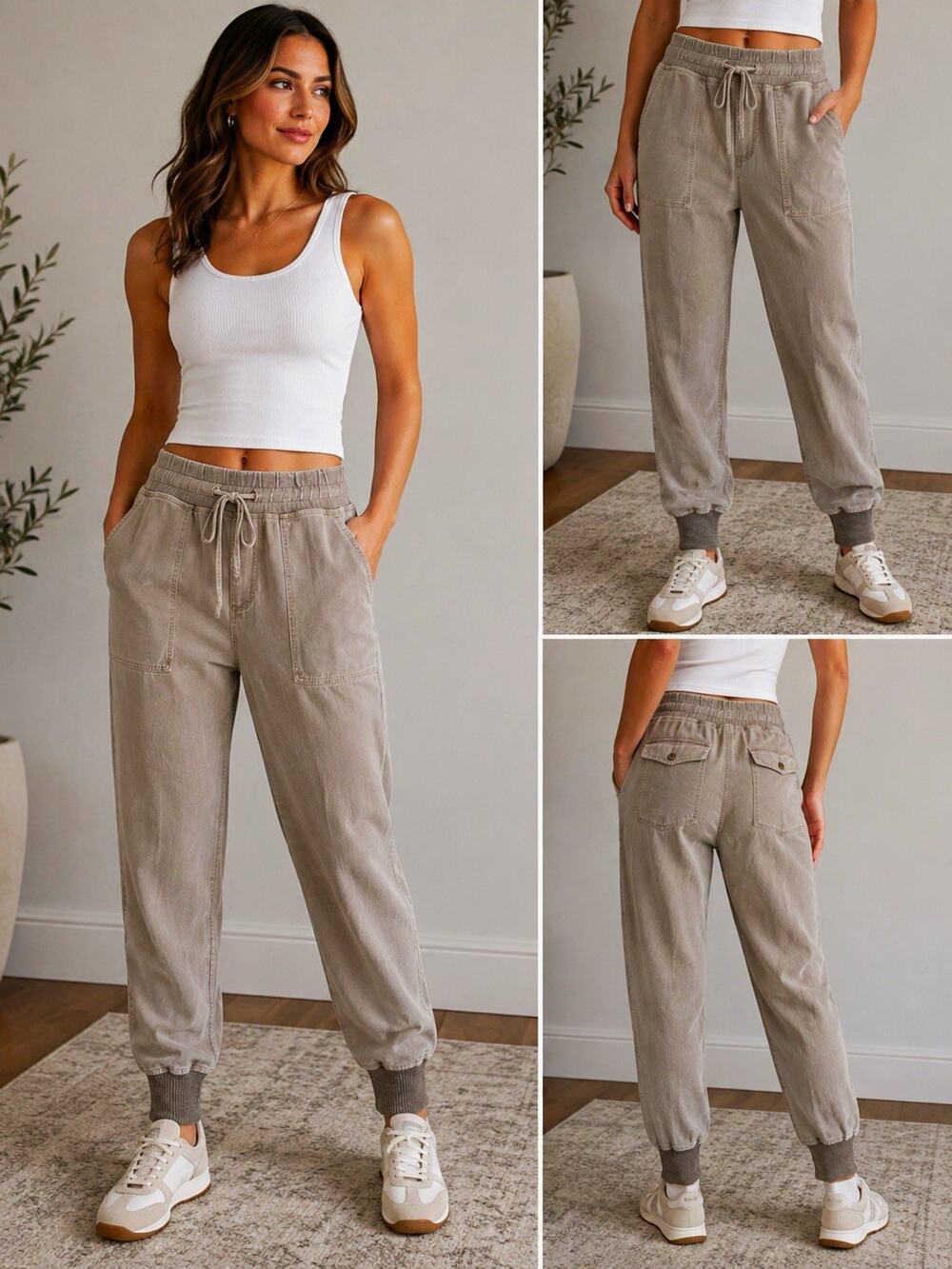 James Perse Women’s Gray Jogger Pants Tapered Cotton Blend Pockets Drawstring